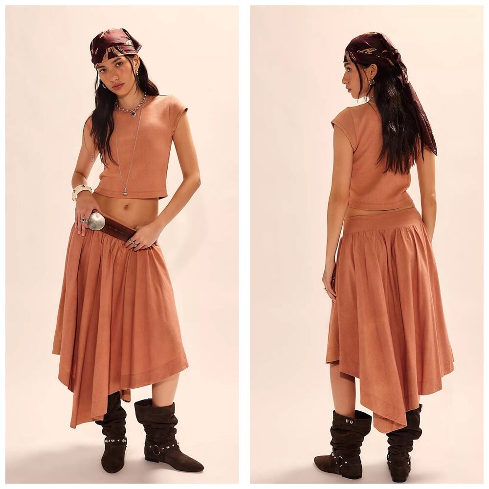 Free-est Annette Tee Asymmetric Hem Midi Skirt Size Small Mocha Custard Boho